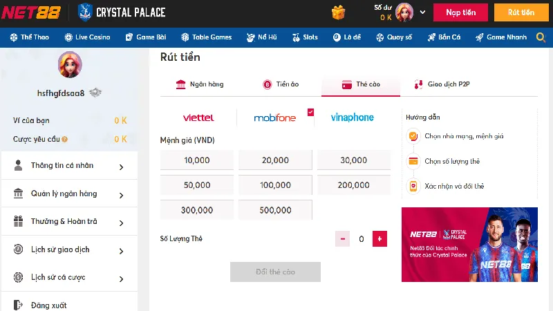 Hạn mức rút tiền tối đa tại Net88 đa dạng tùy phương thức.